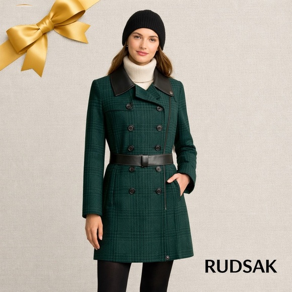 Rudsak Jane Plaid Wool Coat w/ Leather Trim Size Medium
